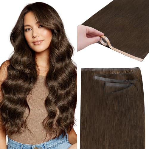 GOO GOO Tape In Weft Hair Extensions Human Hair, Genius PU Long Weft Tape In Hair Extensions Real Human Hair, Silky Easy to Use Remy Human Hair, 4A Chocolate Brown 18 inch 50g