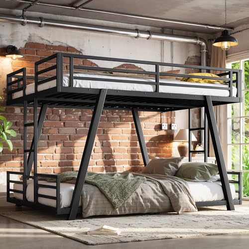 KEIKI Queen Over Queen Size Metal Bunk Bed Frame with 2 Side Ladder & Spdcial Support Leg Design for Teens Low Profile Bunk Bed with Slats No Box Spring Required Easy Assembly for Bedroom Black