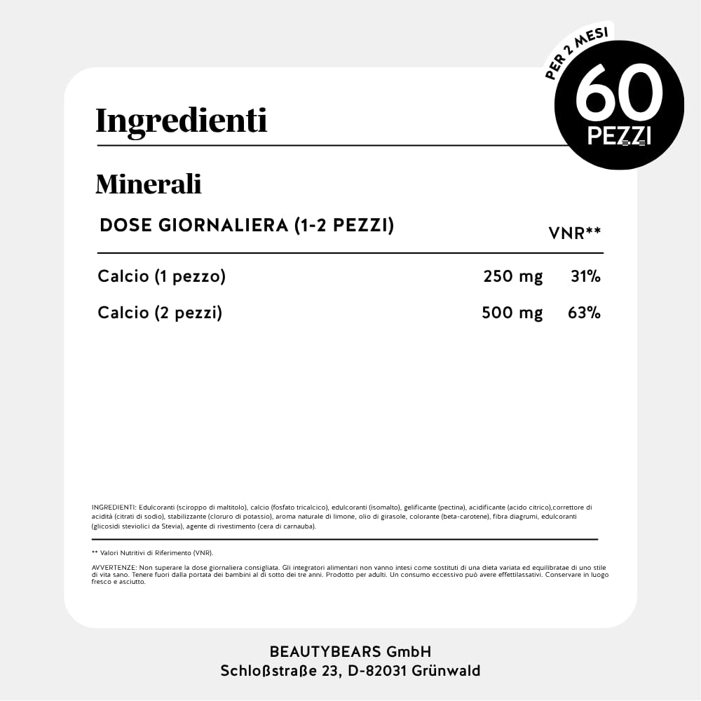 Calcio 500mg Gummies - Daily Essentials - Contribuisce alla Normale Funzione Muscolare, Ossa e Denti - 60 Pezzi (2 mesi) - Senza Zucchero, Vegan - Bears with Benefits
