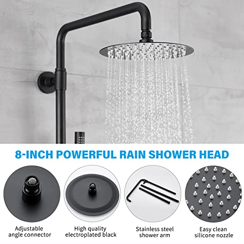 Holispa Thermostatic Shower System, 8 Inch Rain Shower Head Faucet Sets With Adjustable Slide Bar And Shower Valve, Black #TOP3
