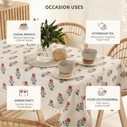 Image of RRC Microfiber Cotton Dining Table Cover 60 x 90 Inch for 6 Seater, Pack of 1 Rectangular Printed Table Cloth with Tassels, Washable Centre Table Cover, Durable & Fade Resistant
