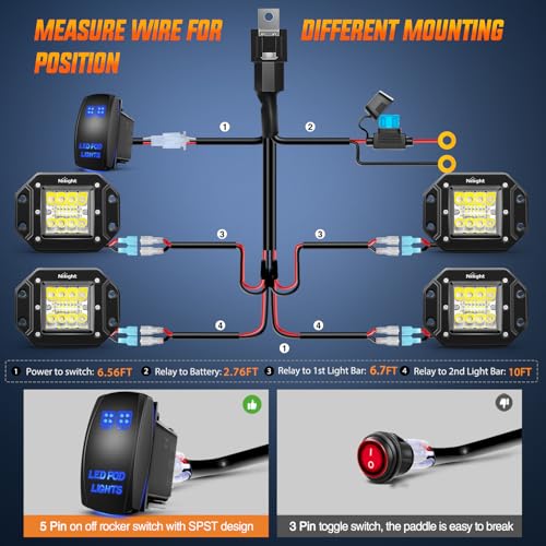 Nilight 4PCS 42W Flush Mount LED Pods Spot Flood Combo Beam Driving Light Backup Light Reverse Light Grill Mount Light with 16AWG LED POD Lights Wiring Harness Kit -4 Leads by Nilight - Image 8