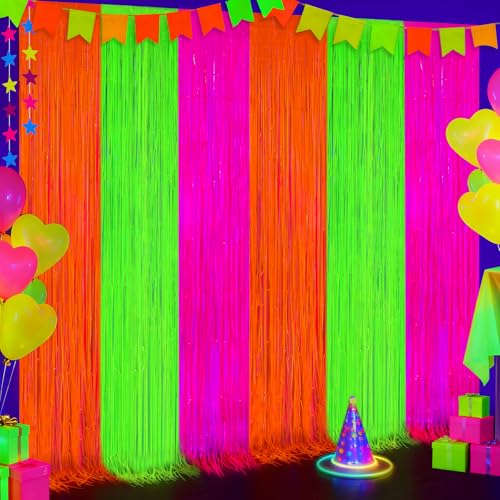 Image of 2 Pack Glow in The Dark Party Curtains Streamers, Neon Party Decorations Fluorescent Macaron Colorful Tinsel Foil Fringe Curtains, Photo Booth Prop Backdrop Streamers, Birthday Halloween Party Decor