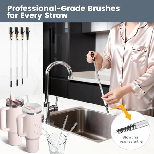 Image of 15 Inch Extra Long Black Straw Cleaner Brush Set,5PCS for 20-40oz Stanley | 4 Straw Brushes:6 /8 /10 /12mm plus 3-in-1 Cup Lid Brush,Heavy-Duty Cleaning Brush for Owala,Yeti,Tumblers and Reusable Straws