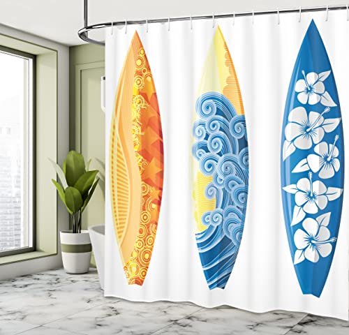 Ambesonne Surf Shower Curtain, Ornate Colorful Surfboards Vocation Fun Water Sports Moving Waves Lifestyle, Cloth Fabric Bathroom Decor Set with Hooks, 69" W x 70" L, Blue Orange Yellow