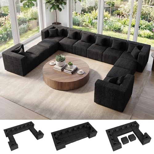 Image of MONVANE Oversized Boneless Sectional Couches for Living Room, 12-Seat Cloud Couch, Modular Sofa with Ottoman & 12 Throw Pillows, Comfy Chenille, No Assembly Required, Black