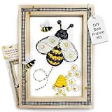 Buttons Galore & More DIY Bumble Bee Frame Craft Kit, Natural Wood Frame with Black Gingham Trim, Button Art, Honeycomb Design, Wall Decor, 5x7 Inches