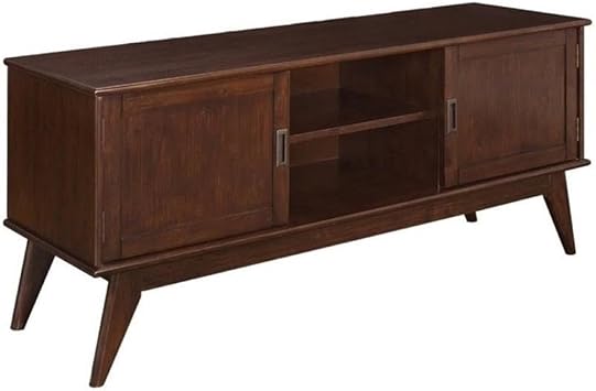 Small TV Stand for 65" TV, Slim Solid Wood Mid Century Entertainment Center for Living Room, Distressed Brown Media Console Table with Shelves for Bedroom, Short Rustic TV Cabinet Dresser with Doors
