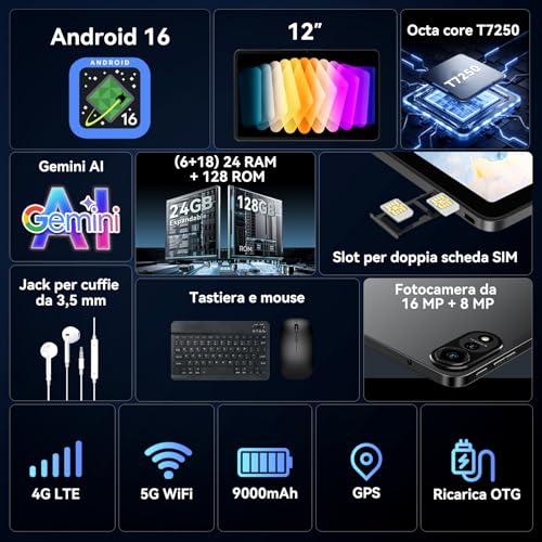 2026 Tablet Android 16,Tablet 12 Pollici con Tastiera,4G LTE+5G WiFi,24GB RAM+128GB ROM,Octa-Core Tablets con Penna/Mouse per lavoro e studio,9000mAh,WideVine L1/Gemini AI/GPS/Face ID,Garanzia 4 Anni - Immagine 2
