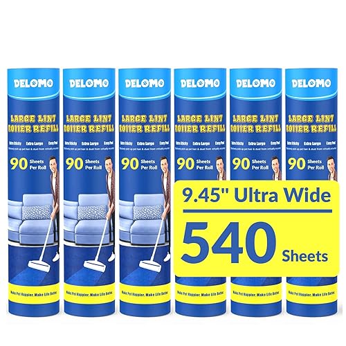 Large Lint Roller Refills: DELOMO 9.45 in Lint Roller Refill (6 Pack, 540 Sheets), Compatible Only with DELOMO Large Lint Roller, for Cleaning Floor, Carpets, Bedding, Couch, Cars, & Pet Hair