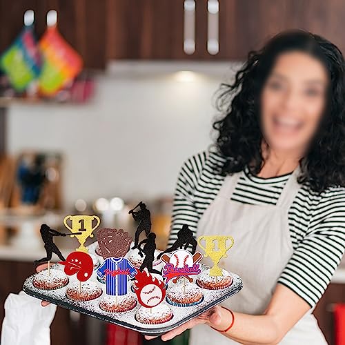 Rsstarxi 30 Pack Baseball Cupcake Toppers with Glitter Trophy Baseball Players Sports Ball Cupcake Picks Decor for Baseball Sport Theme Baby Shower Kids Birthday Party Cake Decorations - Thumbnail 3