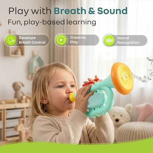 Image of R for Rabbit Orapple Funtunes Trumpet Musical Toys for Kids | Light & Sound Music with Smart Auto Shut Off | 3 Play Modes | Early Learning Music Toy for Toddlers Ages 1+ Ideal for Kids (Blue Multi)