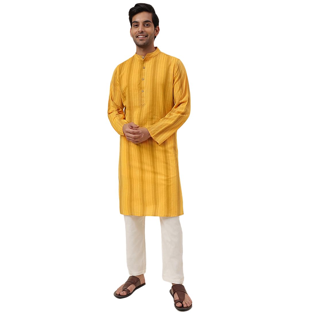 Fabindia Men's Cotton Striped Slim Kurta (1030817Yellow_Yellow