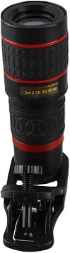 Lente De Zoom,Clip On Phone Zoom Lens,Attachment Lens for Cellphone,Mobile Phone Lens and Accessories,20X Long Focus Zoom Telephoto Lens with Clip for Smart Phone Tablet Pc Black