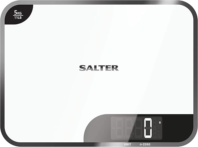 Salter 1064 WHDR Electronic Kitchen Scale, 5 kg Capacity, Easy Read Backlit Display, Add & Weigh Function, Measures Liquids and Fluids, Large Platform, Mirror Finish, Metric/Imperial, White