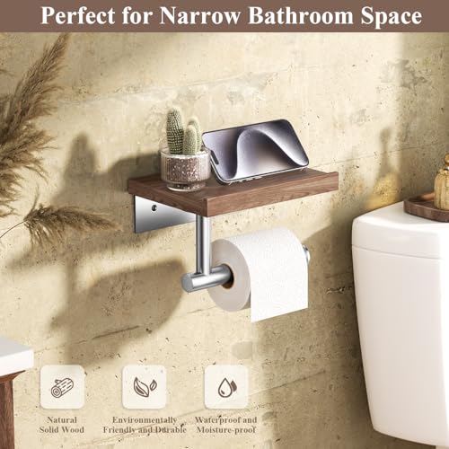 Image of Tindbea Toilet Paper Holder with Wood Shelf, Wooden Wall Mount Tissue Paper Roll Holder, Brushed Nickel Stainless Steel Bathroom Accessories Decor Household Home Apartment Restroom Essentials (Walnut)