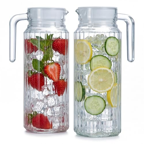 2 Stück Kühlschrankkrug 1 1 Liter Glas Wasserkrug mit Deckel ergonomischer Griff