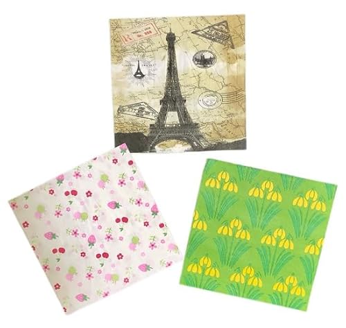 ペーパーナプキン 3種類 各5枚入 15枚入 紙ナプキン デコパージュ素材 アソート ハンドメイド エッフェル塔 パスポートスタンプ 地図柄 アンティーク調 フラワー 花柄 スノーフレーク スイレン フルーツ柄 果実