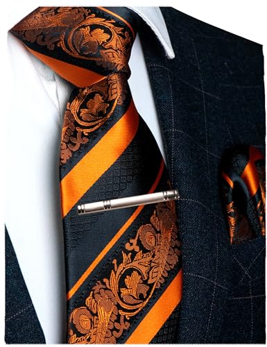 JEMYGINS Mens Orange Floral Necktie and Pocket Square Tie Clip Sets for Men (11)