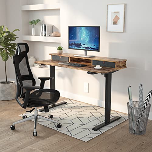 Banti Electric Standing Desk With Upper Double Drawer 48X24 Inches Height Adjustable Desk Sit Stand Desk Home Office Desks Whole-Piece Desk Board Black Frame+Rustic Brwon Table Top (B-B4S2-48Rc) #TOP1