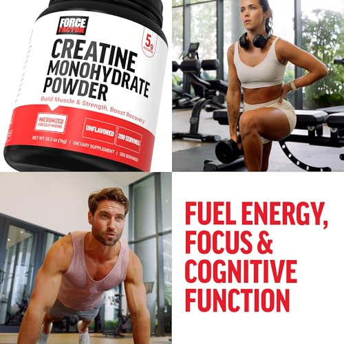 Force Factor Creatine Monohydrate Powder (1KG), 5g Micronized Dose to Support Muscle Growth, Strength, Recovery, Cognitive Health & Memory, Unflavored, 200 Servings