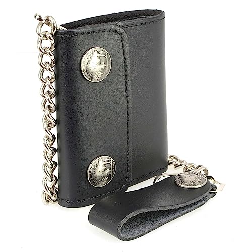 Milwaukee Leather MLW7821 Men's 4” Leather Biker Tri-Fold Wallet w/Buffalo Nickel Snaps Wallet w/Anti-Theft Stainless Steel Chain - One Size