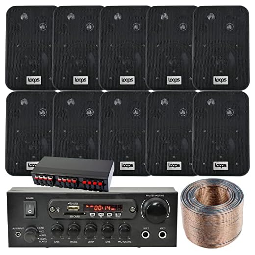 Bluetooth-högtalare med 5 zoner – 10 x väggmonterade svarta högtalare, 110 W mini stereo smart hemförstärkare, splitter och kabel – trådlöst HiFi-ljud musik ljudsystem – restaurang bar hem