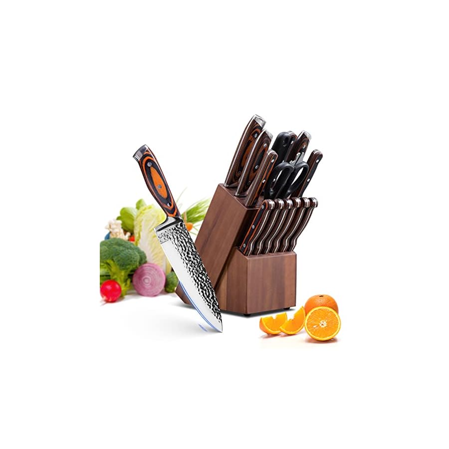 Knife-Set-15-Pieces-Knife-Sets-for-Kitchen-with-Block-High-Carbon-Stainless-Steel-Sharp-Kitchen-Knife-Set-with-Sharpener-Knife-Set-Dishwasher-Safe-with-Triple-Rivet-Wooden-Handle Kitchen Knife Sets with Block, 15-Piece High Carbon Stainless Steel Knife Block Set with Sharpener, Ultra-Sharp kitchen knives with Triple Rivet Wood Handle Perfect for Cooking Cut
