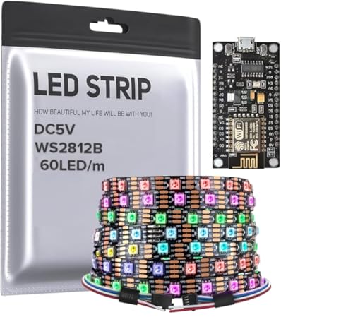 Image of WS2812B RGBIC Pixel Strip + ESP8266 IoT Board Combo | 5M 60LEDs /M Black PCB | Individually Addressable LEDs | Adhesive Backing | Smart IoT Kit for DIY Projects & Home Automation