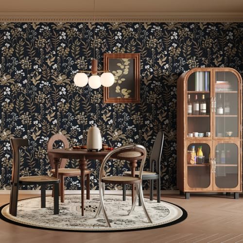 Abyssaly Black and Gold Wallpaper Dark Floral Peel and Stick Wallpaper Vintage Leaf Contact Paper Removable Self Adhesive Waterproof Moody Vinyl Wrap for Bedroom Bathroom Cabinet Decor 17.3" x 196.8" — view 3