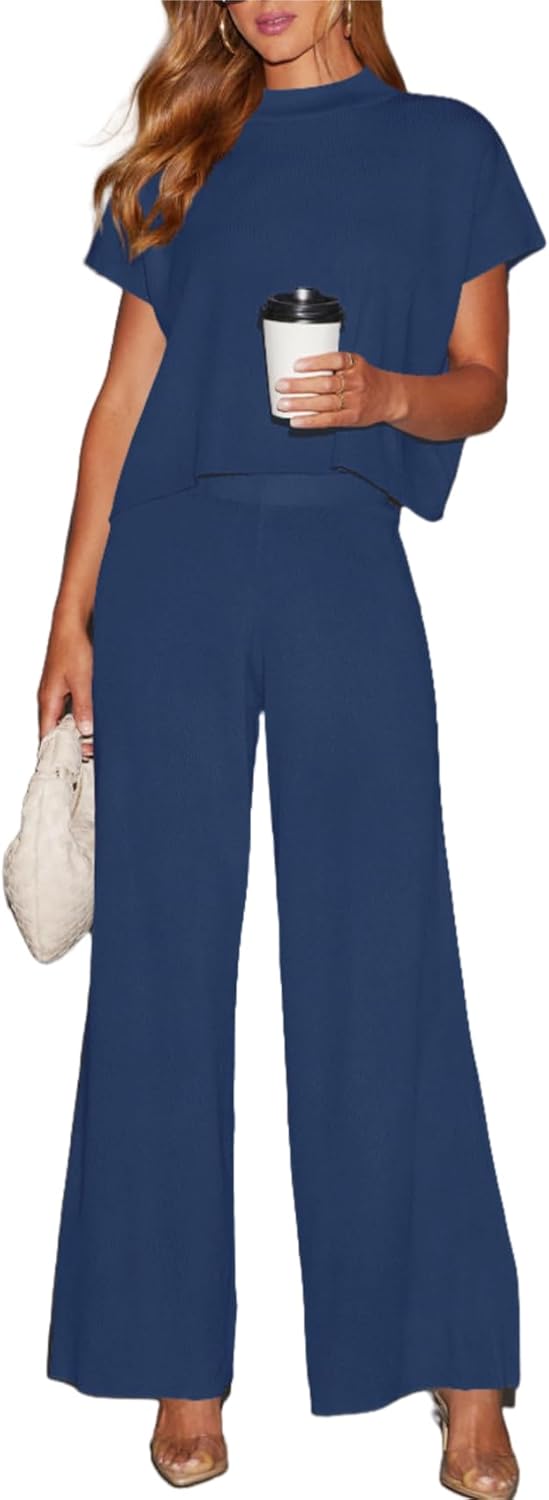 Dressmine Pants Sets Women 2 Piece Outfits Summer Mock Neck Knit Travel Lounge Set Dressy Airplane Travel Clothes