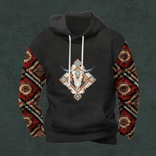 Men's Western Aztec Sweatshirts Ethnic Print Graphic Patchwork Hoodies Casual Pullover Tops with Drawstring Pocket3