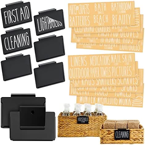 Talented Kitchen 8 Pack Metal Basket Labels Clip On Holders with 70 Household Labels for Storage Bins, Bin Clips Labels Tags for Organizing Home, Bathroom, Linen Closet (Black)