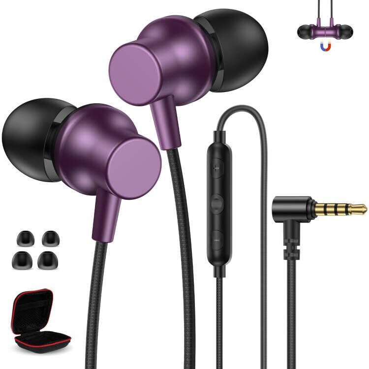 3.5mm Headphones Wired Earbuds for Chromebook Laptop,Noise Isolating Earphone with Microphone for iPhone 6 5S/iPad/Samsung A25 A15 A14,Plug in EarBud for Kindle Fire Tablet Computer School Kids,Purple