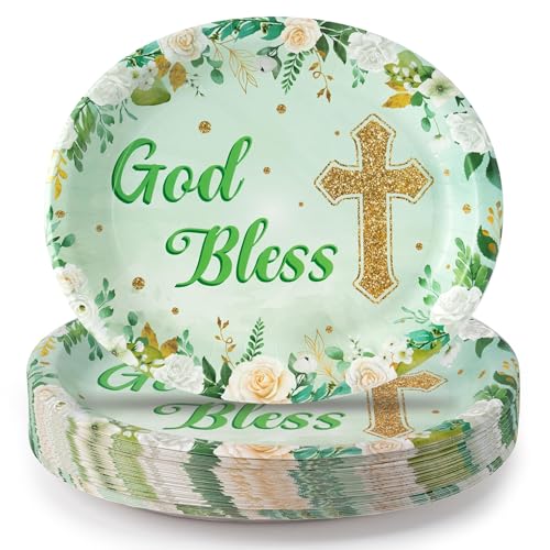 BkeeCten Green Baptism Paper Plate - 50 Pcs 12 Inch Green God Bless Cross Disposable Paper Dessert Cake Dinner Plates Dinnerware Birthday Baby Shower Tea Party Decorations Supplies Kit Tableware Set