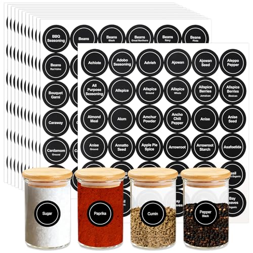 Spice Labels, 432 Pcs Self-Adhensive Round Spice Jar Labels, 1.5 In Waterproof Preprinted Chalkboard Style Tear Resistant Labels Stickers for Kitchen Food Pantry Glass Spices Jars Seasoning Containers