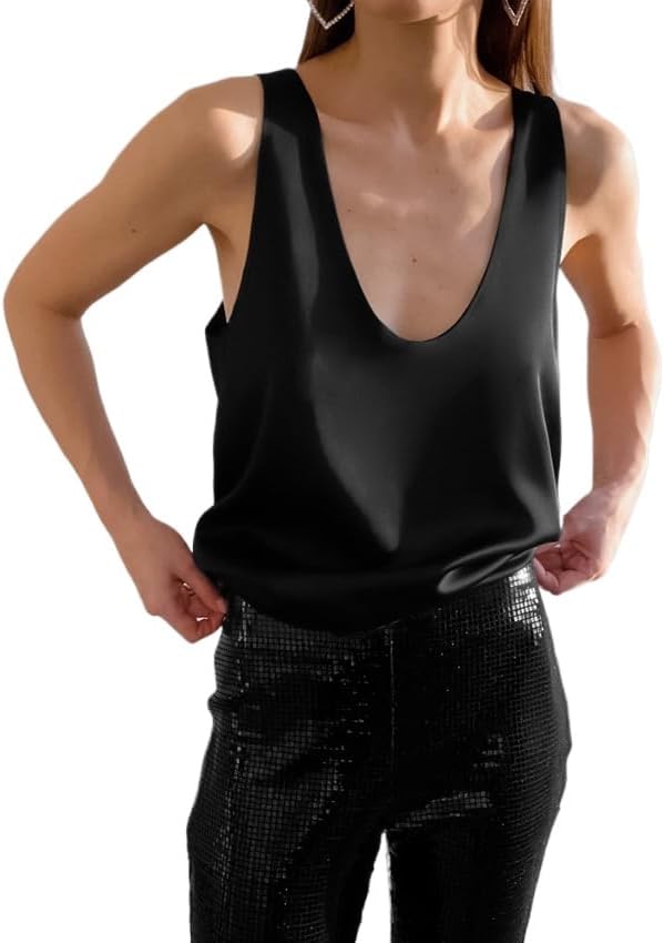Womens Silk Satin Tank Tops Deep V Neck Casual Cami Sleeveless Camisole Blouses Summer Fit Flowy Tank Shirt