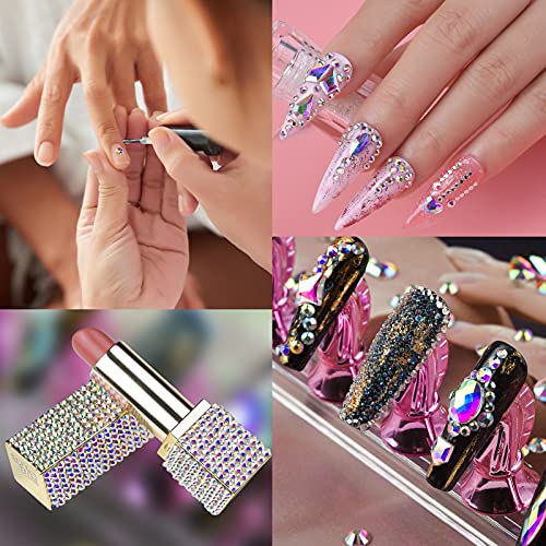Nail Art Rhinestones Kit HUETFAT 2400pcs Nail Gems Ab Flatback Rhinestones Gems Stones, with Storage Organizer Box/Wax Pencil/Tweezers 6 Sizes (1.5-4.5 mm) for Nail Art Craft (2400pcs)