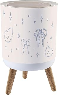 Trash Can with Lid Whimsical mermaidcore Seamless Mediterranean Design Blue Summer Press Top Round Small Garbage Bin with Wooden Legs Waste Basket for Kitchen Bedroom Nursery 7L/1.8 Gallon