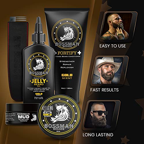 Bossman Complete Beard Kit - Men's Beard Oil Jelly, Fortify Shower Conditioner, Balm, Mustache Wax And Comb - Beard Softener, Growth, Care And Grooming Products Kit (Gold) #TOP5