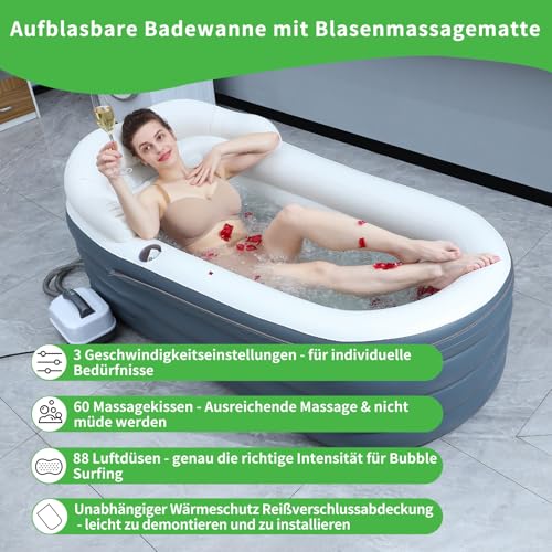 B&Y Aufblasbare Badewanne mit Luftblasen-Massagematte, tragbare SPA-Badewanne für Erwachsene, All-in-One-Luftpumpe, Aufblasbare Rückenlehne, Abdeckung mit reißverschluss