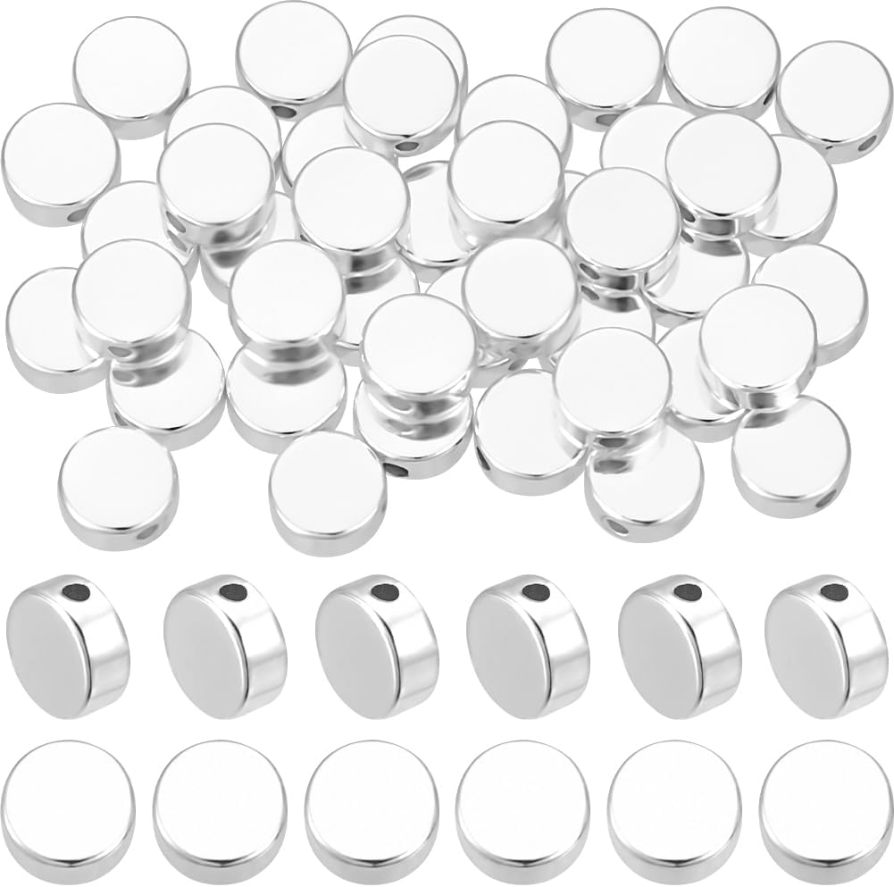 Beebeecraft 1 Box 50Pcs 925 Sterling Silver Plated Brass Coin Beads Flat Round Spacer Beads 6x3mm Tiny Coin Disc Loose Beads for Bracelet Necklace Jewelry Making Hole: 1.2mm