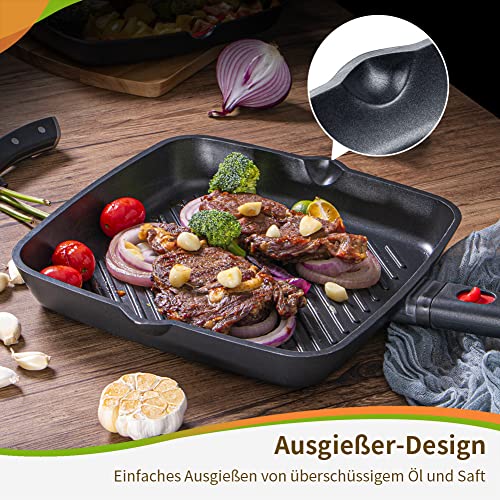Foto von N+C Grillpfanne Induktion 28×28 cm, PFOA-freie Antihaftbeschichtung, Grillpfanne mit abnehmbarem Griff, Steakpfanne Bratpfanne Pfanne für alle Herdarten, leichte Reinigung