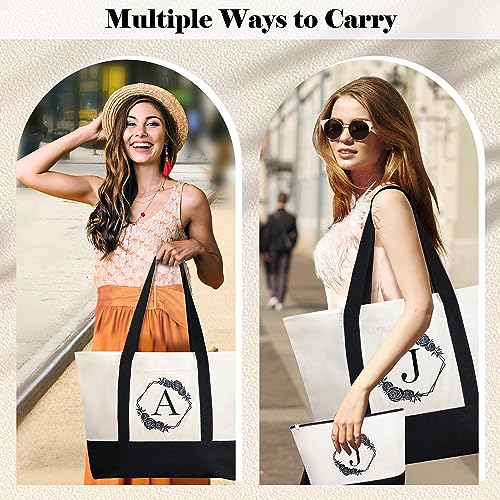 Aunool Personalized Tote Bag For Women Initial Embroidery Makeup Bag, Canvas Beach Tote With 2 Pockets, Bridal Party Gifts Reusable Grocery Bags For Wedding Holiday Shopping Picnic Travel Letter E #TOP1