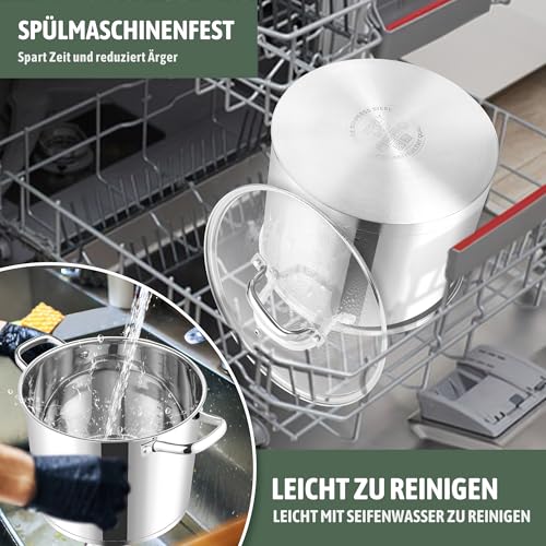 Joyfair Kochtopf, 11,4 Liter Edelstahl Groß Topf Induktion mit Glasdeckel, 3 Lagen Stabiler Boden Suppentopf für alle Herdearten, Hochwertiger Nudeltopf zum Kochen Großer Mengen, Spülmaschinenfest
