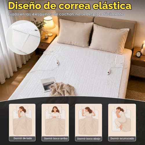 Miniatura 8 de Tlgreen Calienta Camas Electrico Doble 100w 160x140 Cm 6 Niveles De Temperatura 2 Controladores Calientacamas Calentador Con Apagado Automático 8 Horas, Protección Contra Sobrecalentamiento