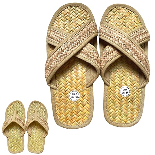 Natural Grass Slippers for Men, Women, Summer Beach or Indoor Handmade flipflops (9, Corss strap)