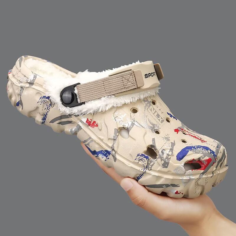 Image of Men's Graphic Fuzzy Lined Clogs Winter Slip On Shoes | Warm Plush Lined Clog Shoes with Vintage Printed Design, Lightweight Closed Toe Casual Footwear for Indoor Outdoor Daily Wear