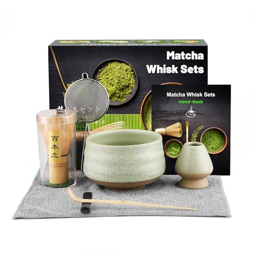 Matcha Kit (7pcs), Juego de té japonés, Batidora de Matcha de Bambú, Cuenco de Matcha, Cuchara, Colador, Portacucharas, Soporte para la Batidora,Kit de Ceremonia Matcha -Abierto Gris-Verde