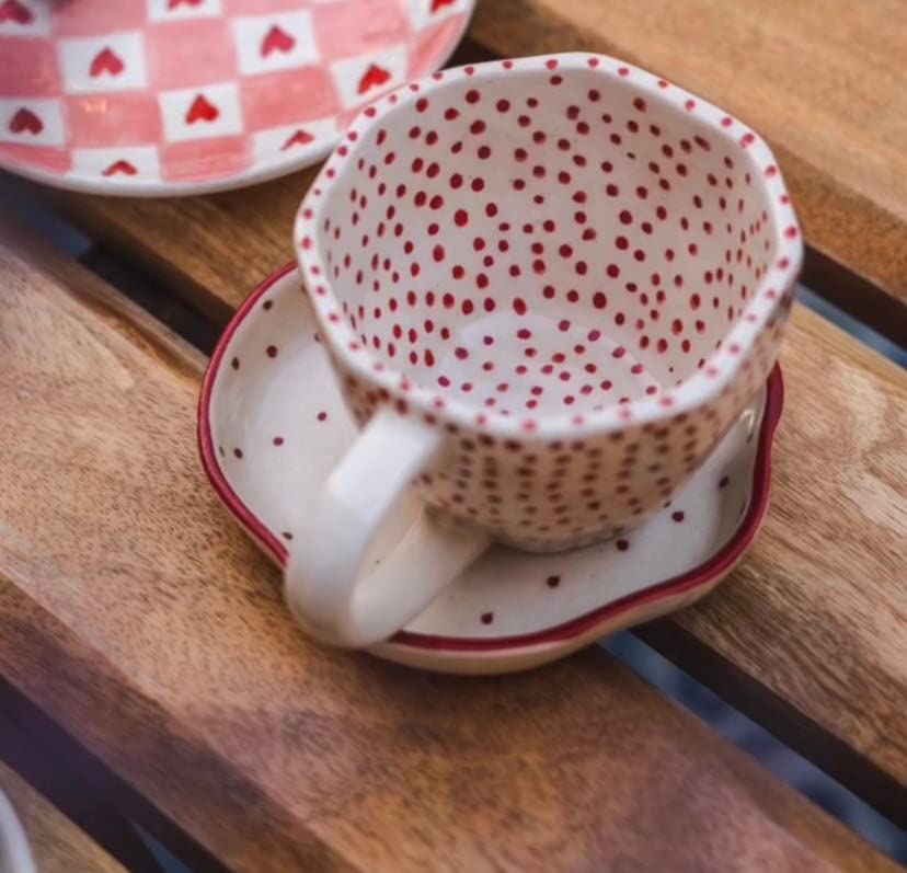 Image of WEAVING HOMES Handcrafted Red Polka Mug & Red Polka Handmade Dessert Plate (Set of 2)